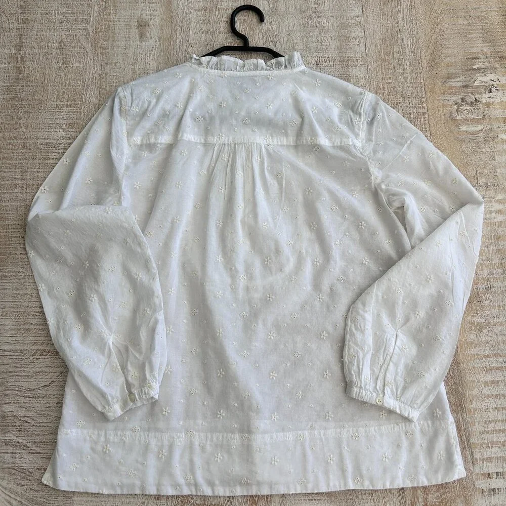 J.Crew Floral Eyelet Ruffled White Bib Front Long Sleeve Top Size Small.